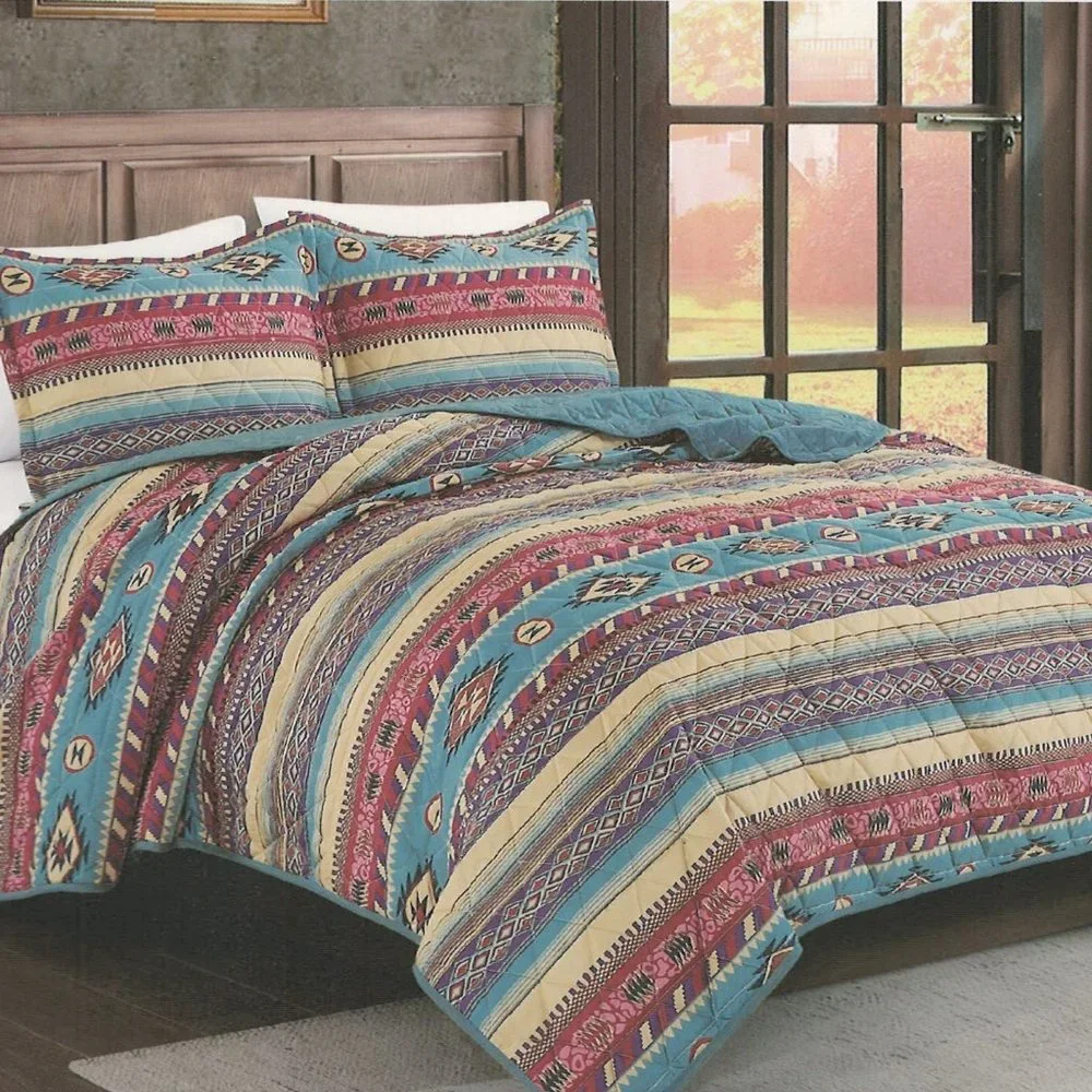 Southwestern Design 3 Piece Quilted Bedspread Set - Multi-Color